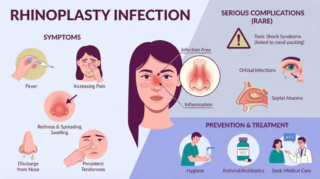 Rhinoplasty infection infographic showing symptoms, serious complications, and prevention and treatment options