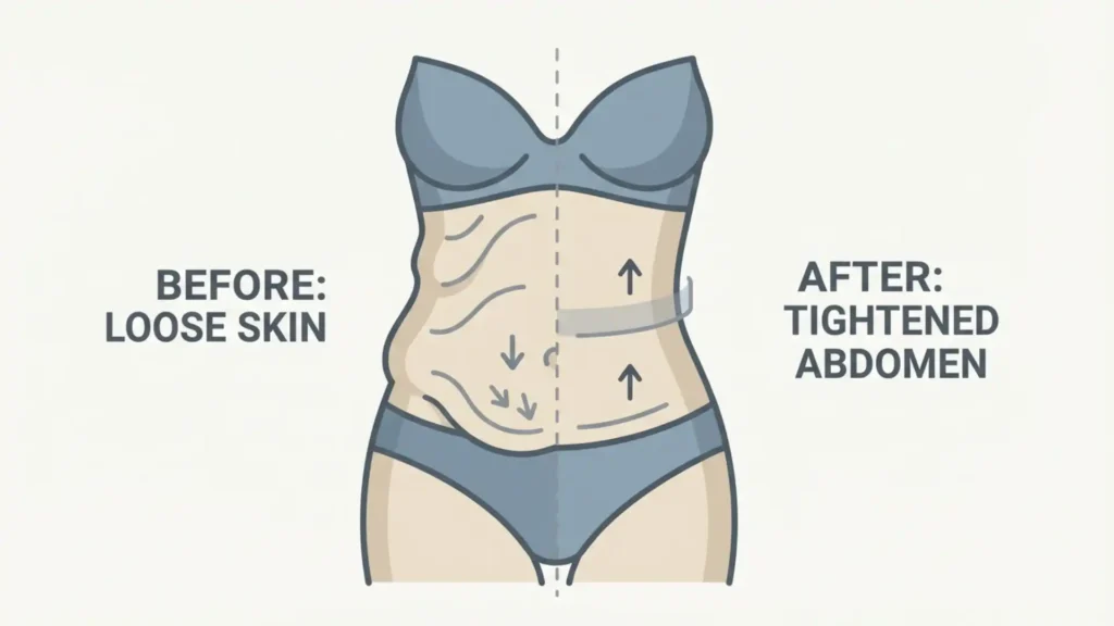 Before and after abdominoplasty showing why it is considered the hardest plastic surgery to recover from due to abdominal tightening