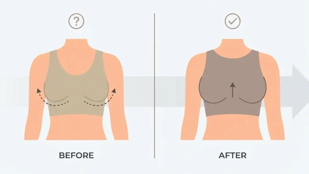 Before and after breast surgery showing cosmetic surgery recovery and potential complications affecting chest area