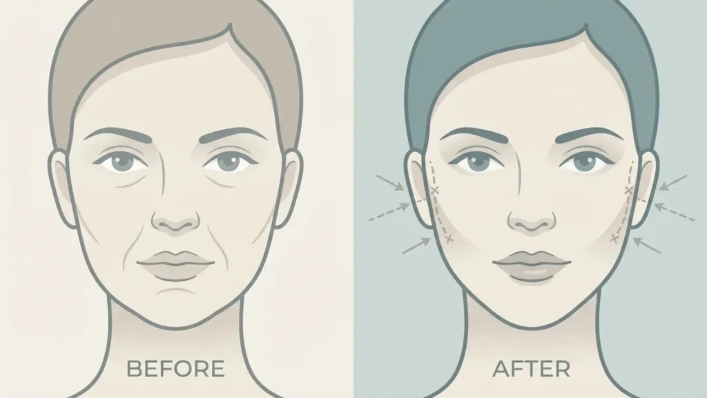 Before and after facelift demonstrating visible healing process and facial cosmetic surgery recovery