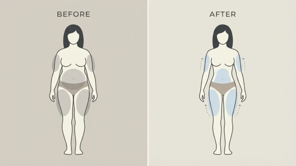 Before and after liposuction highlighting body contouring results and cosmetic surgery recovery challenges