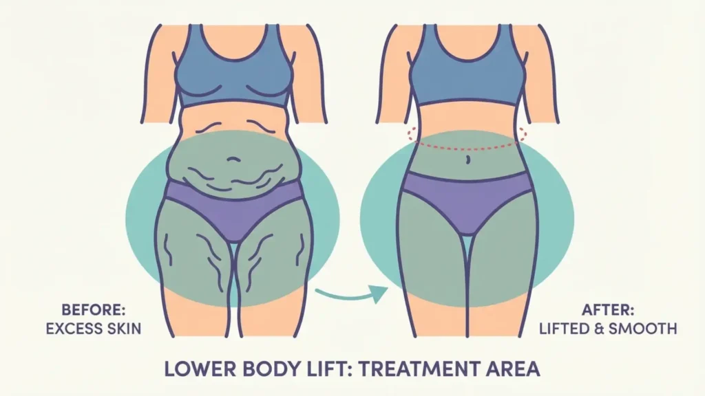 Before and after lower body lift highlighting extensive cosmetic surgery recovery and large treatment areas