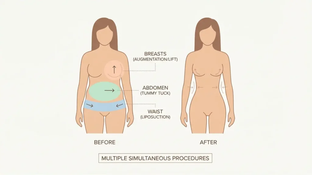 Before and after mommy makeover illustrating combined procedures and increased risk of plastic surgery complications