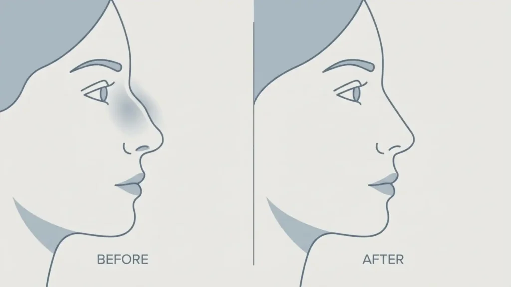 Before and after rhinoplasty showing gradual cosmetic surgery recovery and subtle nose refinement over time