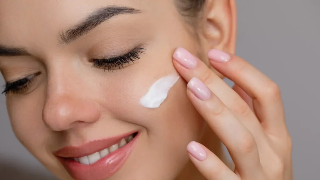 Woman applying SPF sunscreen as part of daily anti-ageing treatments for younger-looking skin