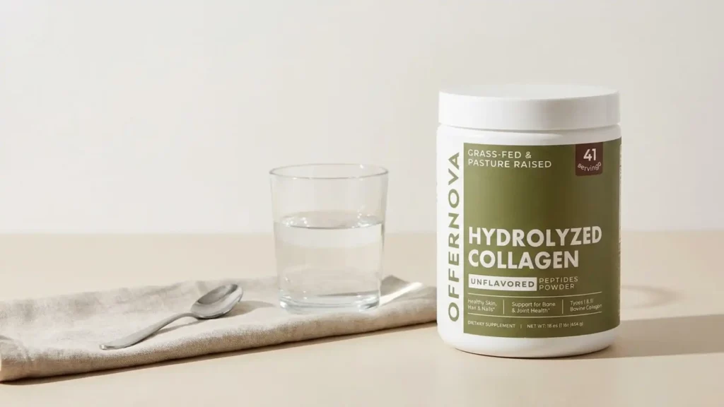 Hydrolysed collagen peptides supplement — collagen for skin elasticity and joint health shown on a table