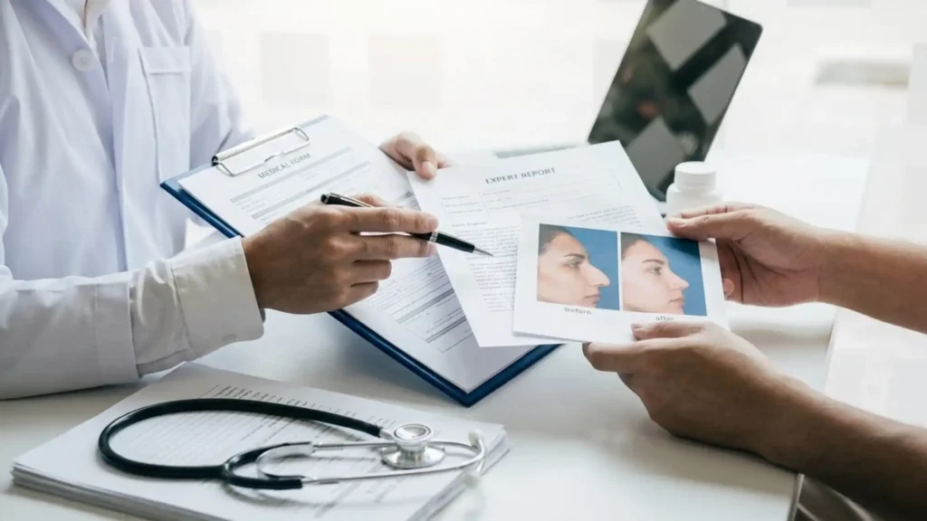 Evidence for a rhinoplasty negligence claim — medical records, photos and expert reports supporting cosmetic surgery compensation