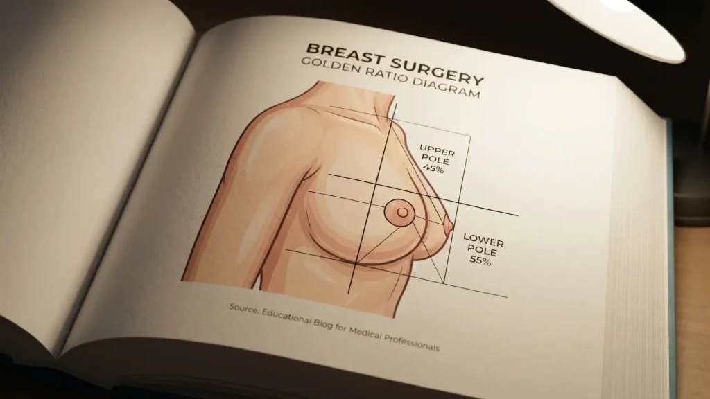 breast augmentation proportions 45 55 rule upper pole lower pole nipple — breast surgery golden ratio diagram