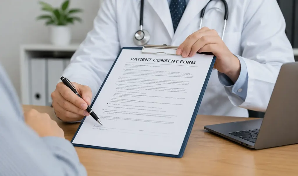 Cosmetic surgery risks abroad — patient reviewing clinic documents and surgical consent forms for cosmetic surgery tourism