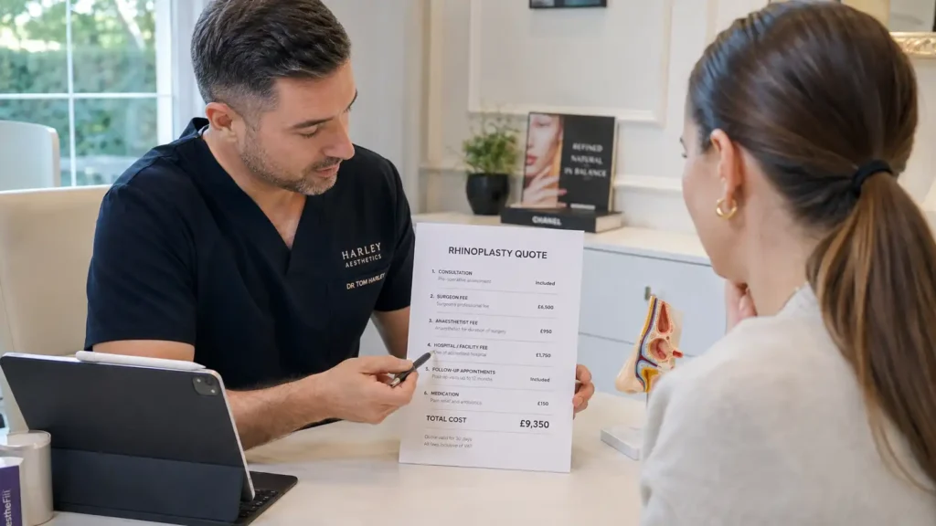 Nose job cost UK breakdown – patient reviewing itemised rhinoplasty quote with clinic