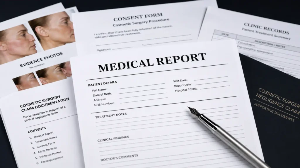 Medical records and documents used to support a cosmetic surgery negligence claim