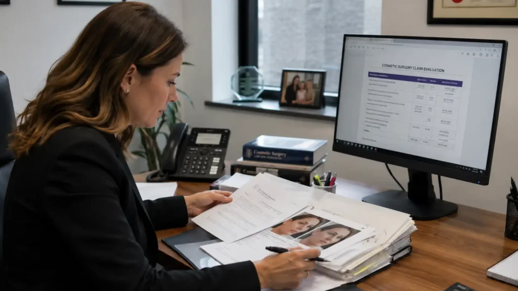 Cosmetic surgery claim — specialist reviewing evidence and documents to calculate compensation