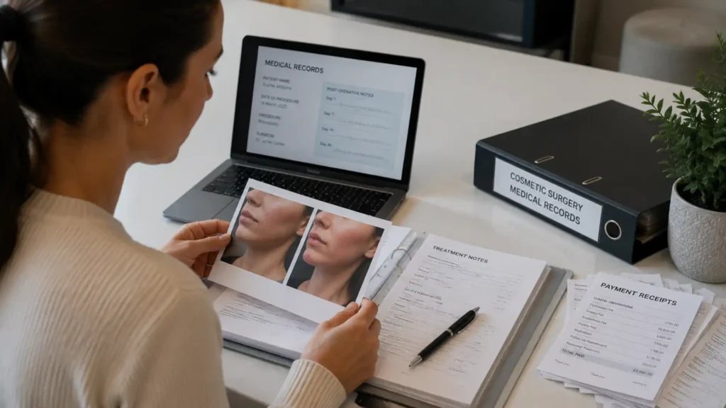 cosmetic surgery compensation evidence photos and medical records