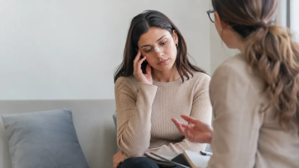 Person receiving support after emotional distress cosmetic surgery experience