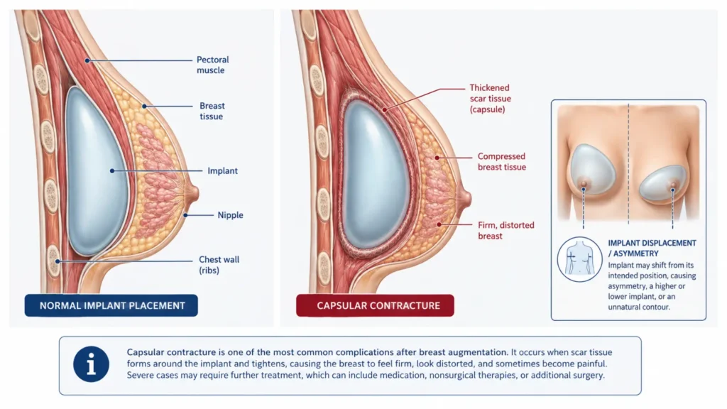 Breast augmentation negligence claim — medical diagram showing implant placement and common complications including capsular contracture