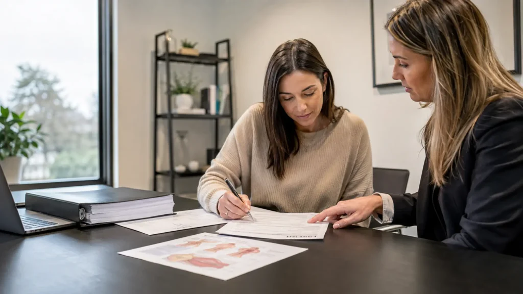 Breast surgery compensation No Win No Fee — person signing claim documents with a specialist at a consultation desk