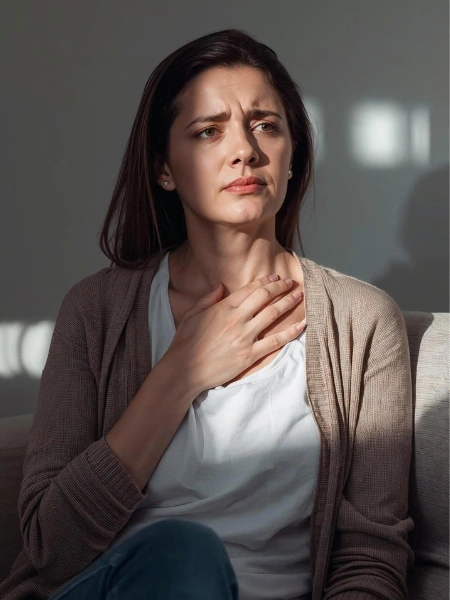 Woman looking concerned after cosmetic surgery while considering a breast surgery compensation claim