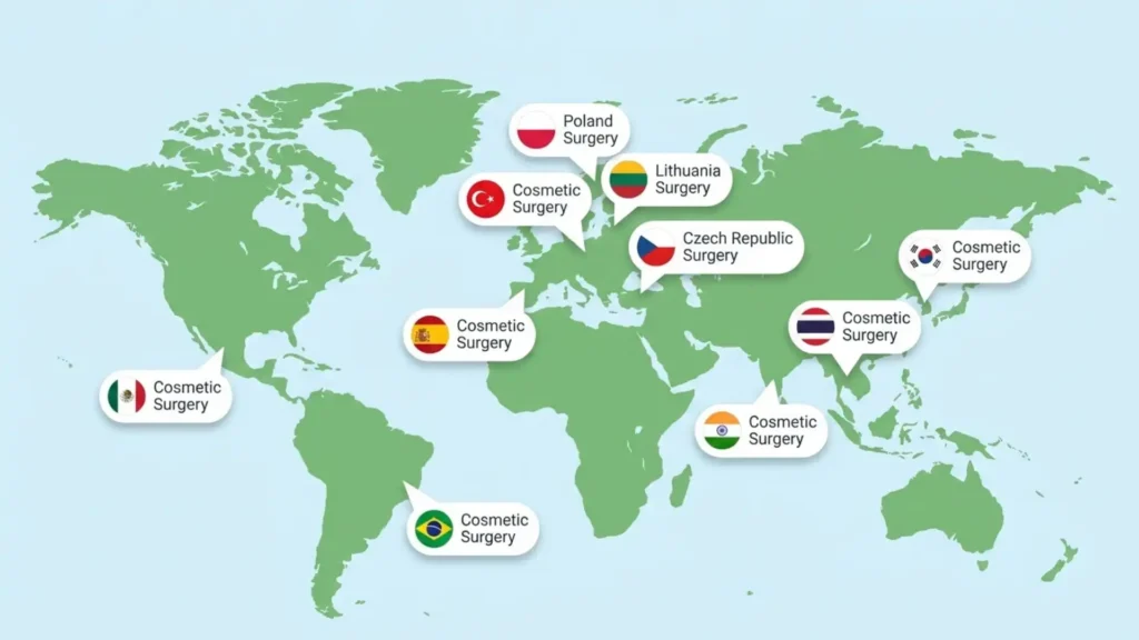 Top destinations for cosmetic surgery abroad — world map with popular countries UK patients choose for cosmetic tourism