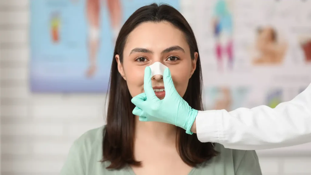 How long do rhinoplasty results last — woman with bandage after nose reshaping surgery