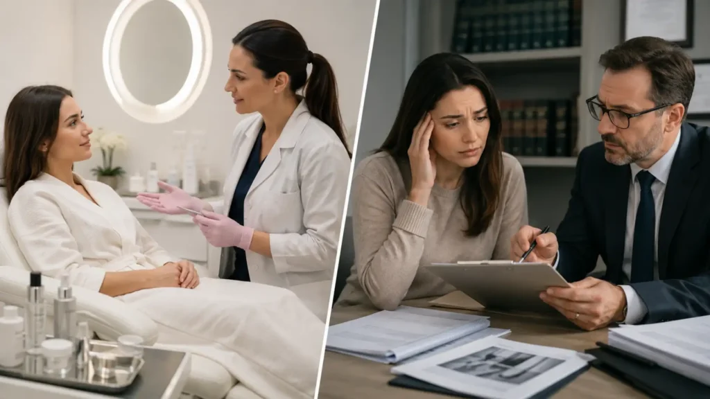 Person looking concerned after cosmetic surgery negligence claim consultation