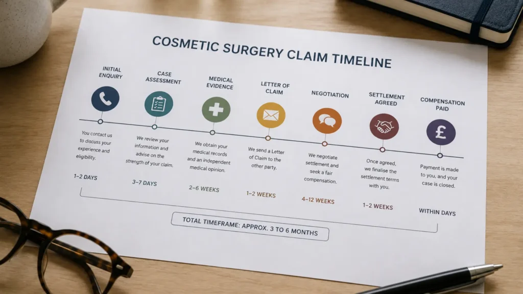 Cosmetic surgery claim timeline infographic showing key stages