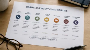 Cosmetic surgery claim timeline infographic showing key stages