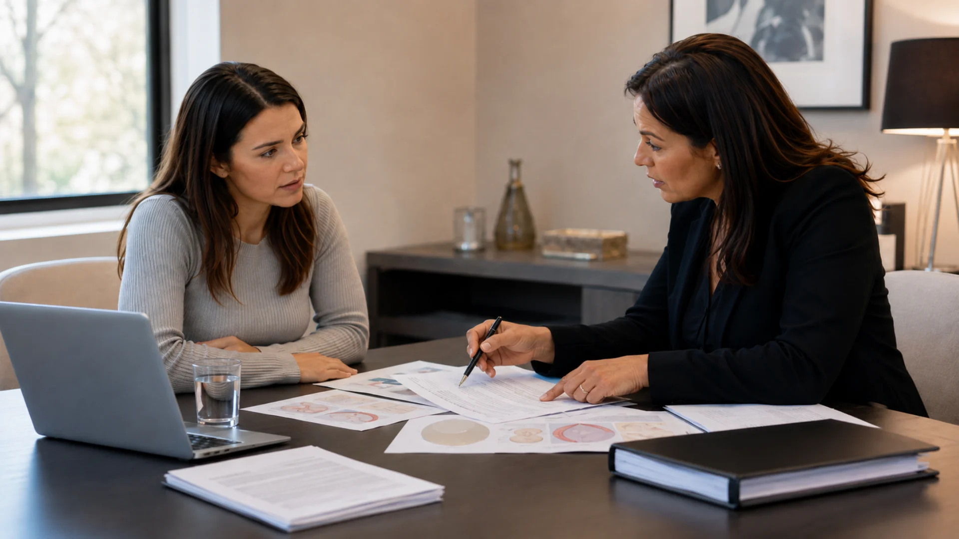 Breast surgery compensation claim — patient in consultation with a claims adviser discussing surgical complications and compensation options