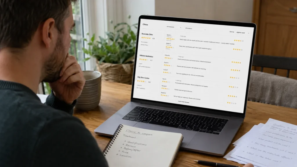 Patient checking independent reviews of an overseas cosmetic surgery clinic