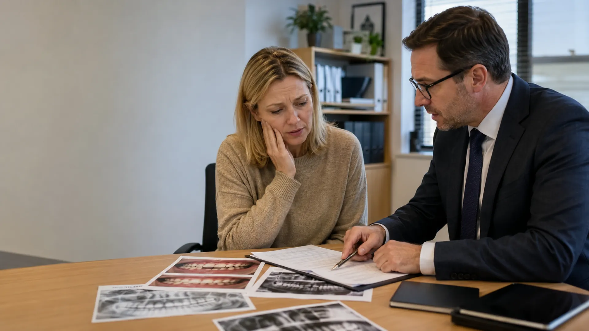 Cosmetic dental negligence claim — patient discussing failed dental veneers with a claims adviser during a consultation