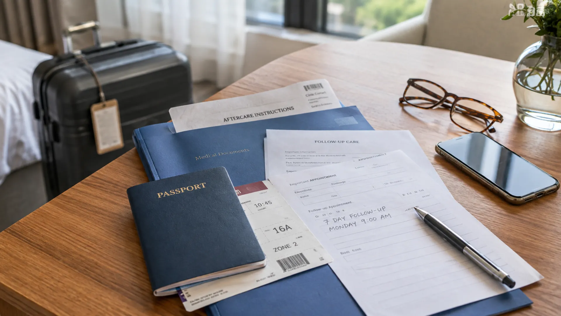 cosmetic surgery abroad vs UK - Passport and medical documents representing aftercare planning before travelling for cosmetic treatment