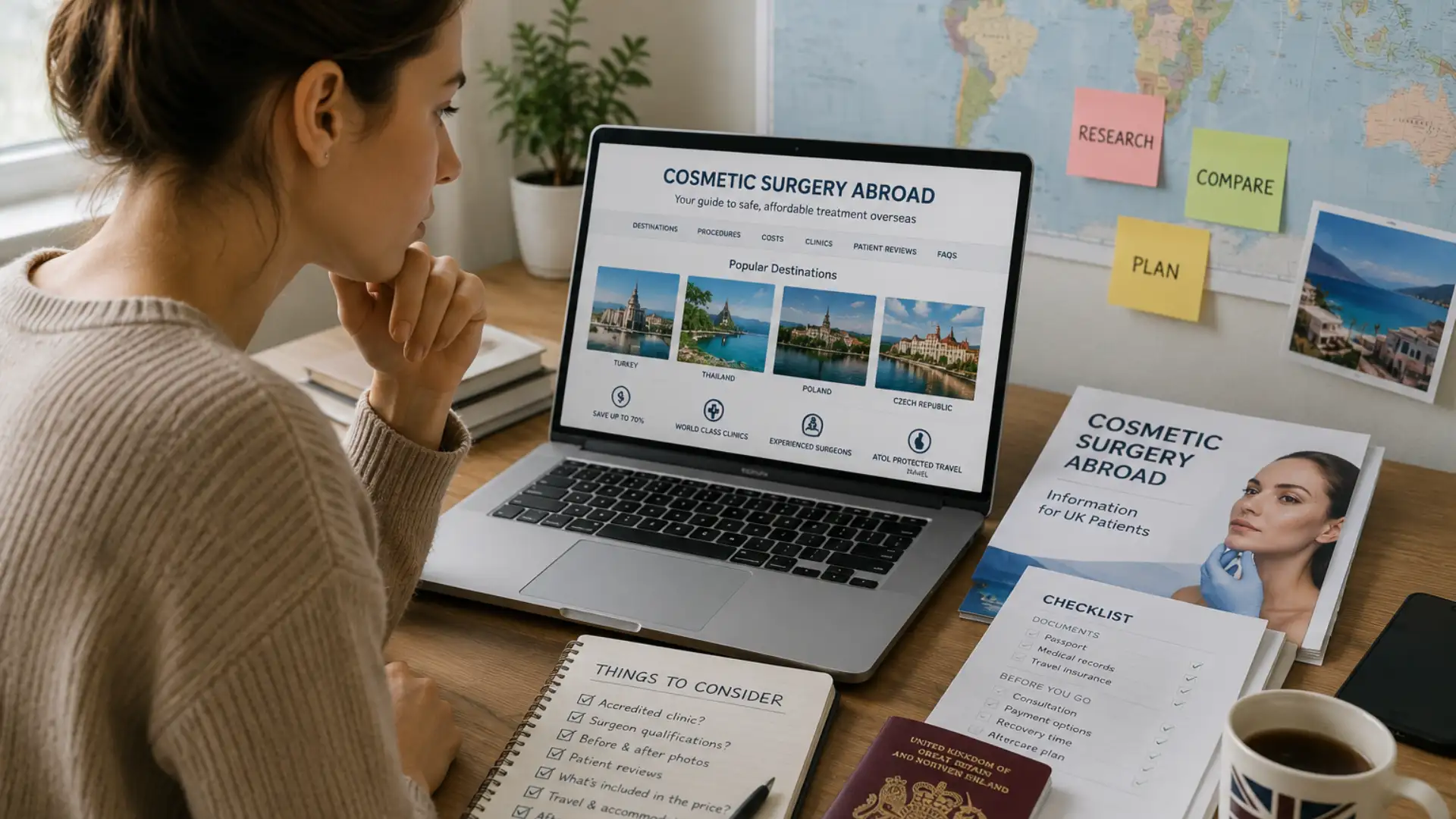 UK patient researching cosmetic surgery abroad before booking